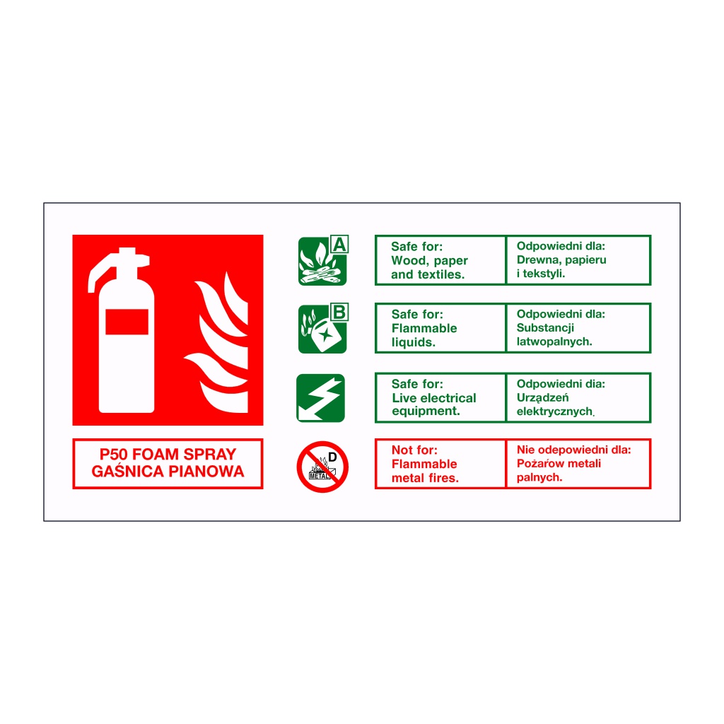 P50 Foam spray fire extinguisher identification English/Polish sign