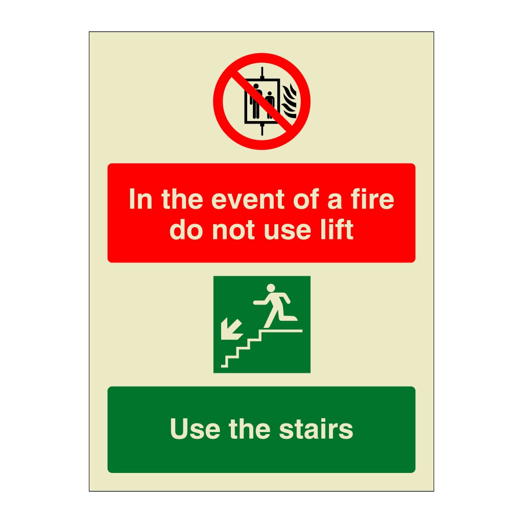 In the event of fire do not use the lift use the stairs sign