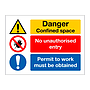 Danger Confined space No unauthorised entry Permit to work must be obtained sign
